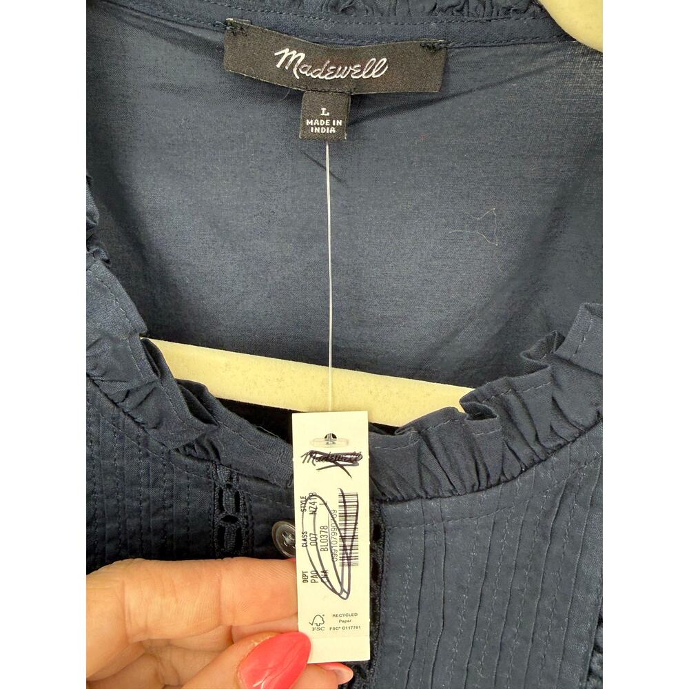 Madewell Navy Pintuck Lace Insert Blouse Ruffle Neck Boho Cottagecore Top L - Picture 6 of 13